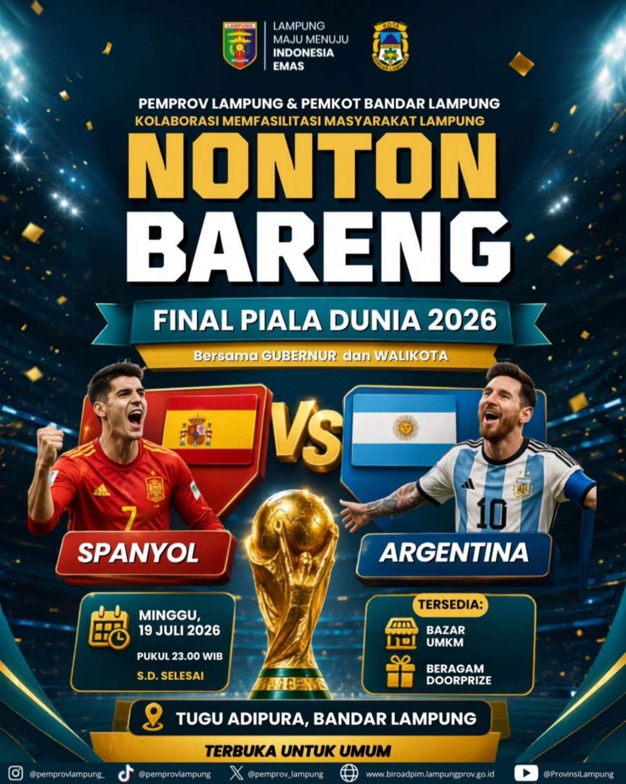 Semarakkan Kebersamaan, Pemkot Bandar Lampung Nobarkan Laga Spanyol vs Argentina di Tugu Adipura